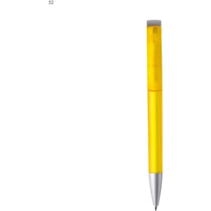 A plastic pen in a bright yellow colour with a silver tip and a transparent barrel. It features a logo.