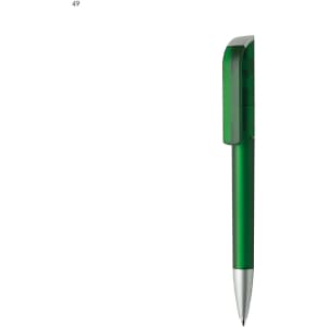 A green plastic pen with a shiny silver tip and a transparent green clip. It has a branding logo.