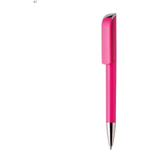 A pink plastic pen with a shiny silver tip and a clip at the top, featuring a logo.
