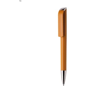 An orange plastic pen with a chrome clip, featuring a sleek design and a logo.