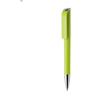 A bright green plastic pen with a silver clip and a sleek design, featuring a logo on its body.