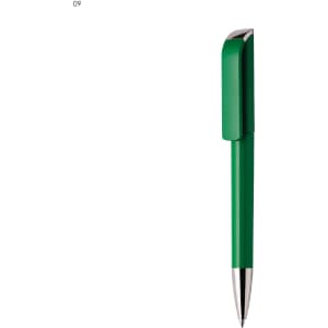 A green plastic pen with a metallic tip and a sleek design, featuring a branding logo.