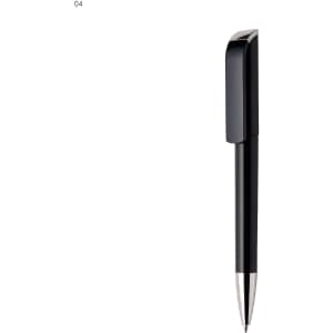 A black plastic pen with a sleek design and a silver tip, featuring a clip on the top.