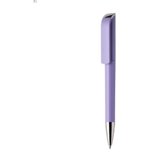 A plastic pen in a light purple colour with a sleek design and a silver tip, featuring a clip and a logo.