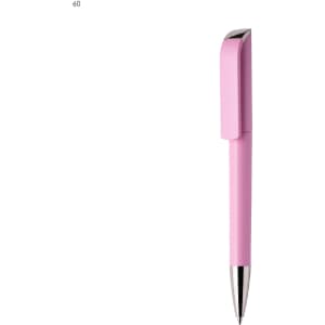 A pink plastic pen with a sleek design and a silver tip, featuring a clip and branding.