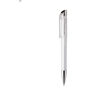 A clear plastic pen with a chrome clip and tip, featuring a simple, sleek design.