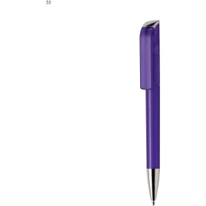 A purple plastic pen featuring a transparent clip and a silver nib, with a logo on the clip.