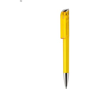 A yellow plastic pen with a silver tip and a transparent body. It features a branding logo on the side.