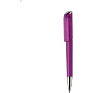 A purple plastic pen with a sleek design and chrome accents, featuring a logo on the barrel.