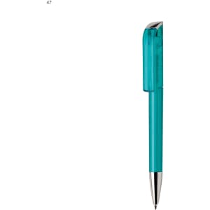 A turquoise plastic pen with a transparent cap and silver accents, featuring a logo.