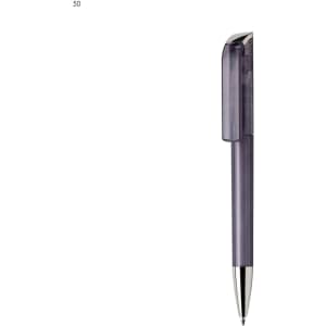 A plastic pen with a transparent purple barrel and a silver tip, featuring a clip at the top.