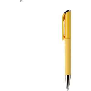 A plastic pen in bright yellow with a silver tip and a matching clip. Includes a logo.