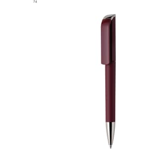 A maroon plastic pen with a sleek design and silver detailing, featuring a clip and a branding logo.