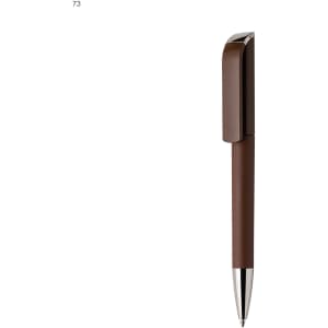 A brown plastic pen with a sleek design and chrome accents, featuring a logo.