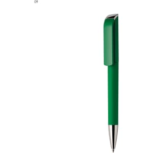 A green plastic pen with a shiny silver tip and a clip, featuring a branding logo.