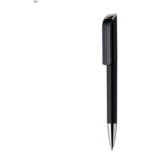 A sleek black plastic pen with a shiny silver tip and a matching cap, featuring a subtle logo.