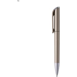 A plastic pen in a gold finish with a silver tip and clip, featuring a sleek design and branding.