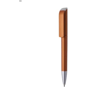 A bronze-coloured plastic pen with a silver tip and a clip, featuring a logo.