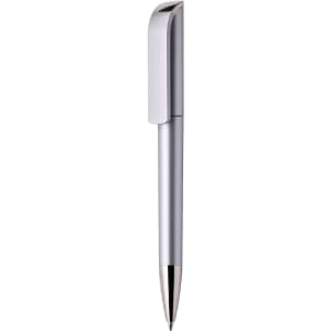 A silver plastic pen with a sleek design and a clip, featuring a brand logo near the top.