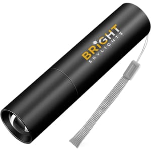 A black torch with a branding logo and a strap for easy carrying.
