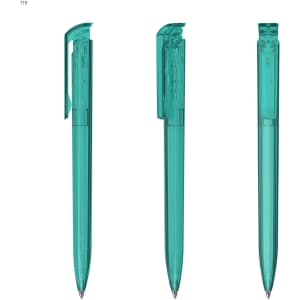 A transparent green plastic pen with a clip, featuring a sleek design and visible internal mechanism.
