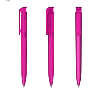 A set of three vibrant pink plastic pens, detailing different angles, featuring a simple design and a logo.
