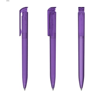 A collection of three transparent purple plastic pens, featuring a logo on one side.