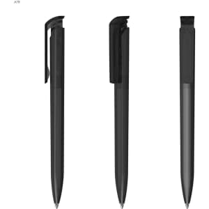 A set of three black plastic pens with a sleek design and clip, featuring a logo on the side.