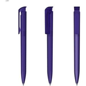 A set of purple transparent plastic pens, showcasing different angles of the design, with a logo visible.
