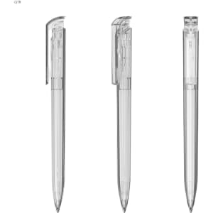 A set of three transparent plastic pens with a sleek design and smooth, clear bodies. Each pen has a clip.
