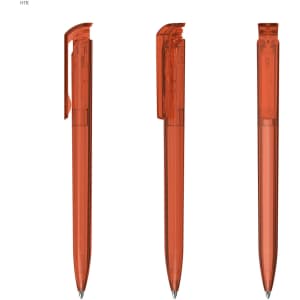 A transparent orange plastic pen featuring a click mechanism, displaying its clear barrel and ink tip.