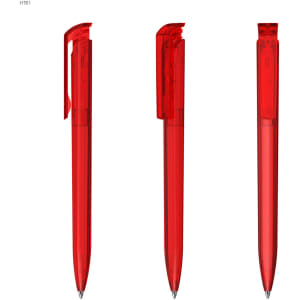 A set of three transparent red plastic pens, featuring a sleek design and a clip on the top.