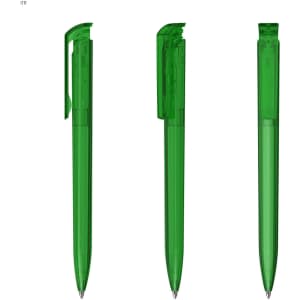 A green plastic pen in three positions, featuring a transparent body and a logo on the clip.