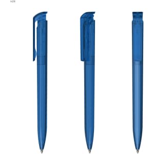 A transparent blue plastic pen displayed from three angles, featuring a simple design and a clip.