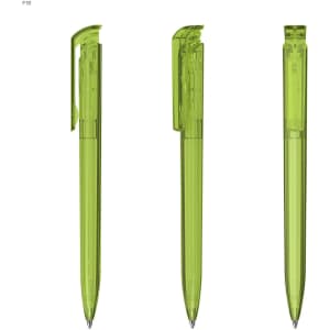 A set of three transparent green plastic pens with a click mechanism. Each pen has a sleek design and a branding logo.