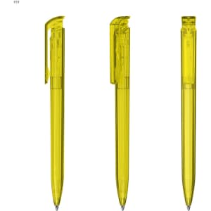 Three transparent yellow plastic pens displayed from different angles, featuring a simple design and a logo on the side.