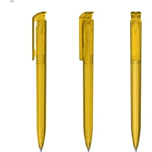A transparent yellow plastic pen with a click mechanism, displayed from three angles. Features a logo on the side.
