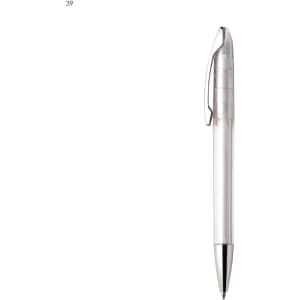 A clear plastic pen with a silver tip and clip, featuring a simple design and a transparent barrel.