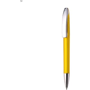 A plastic pen in bright yellow with a chrome clip, featuring a smooth barrel design.