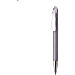 A plastic pen in a transparent grey body with a silver clip, featuring a logo on the barrel.