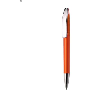 An orange plastic pen with a shiny silver clip and a chrome tip, featuring a logo on the clip.