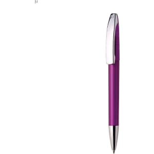 A plastic pen in vibrant purple with a silver clip and tip, featuring a logo on the barrel.