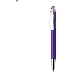 A purple plastic pen with a silver clip and tip, featuring a logo on the barrel.
