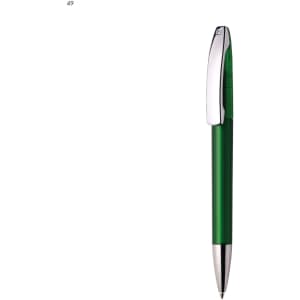 A green plastic pen with a chrome clip and a silver tip. The pen features a sleek, smooth design and a logo.