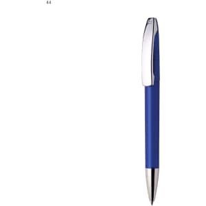 A plastic pen in blue with a silver clip and detailing, featuring a branding logo.