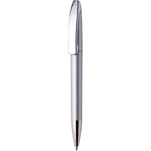 A silver metal pen with a sleek design and clip, showcasing a polished finish.