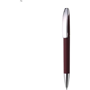 A metal pen in deep burgundy with a shiny silver clip and tip, featuring a branding logo.