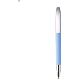 A metal pen with a light blue body and chrome accents, featuring a logo on the clip.