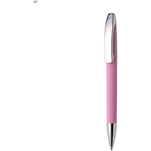 A pink metal pen featuring a chrome clip and a sleek design. It includes a logo on the barrel.