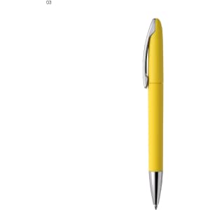 A yellow metal pen with a shiny silver clip and tip, featuring a branding logo.